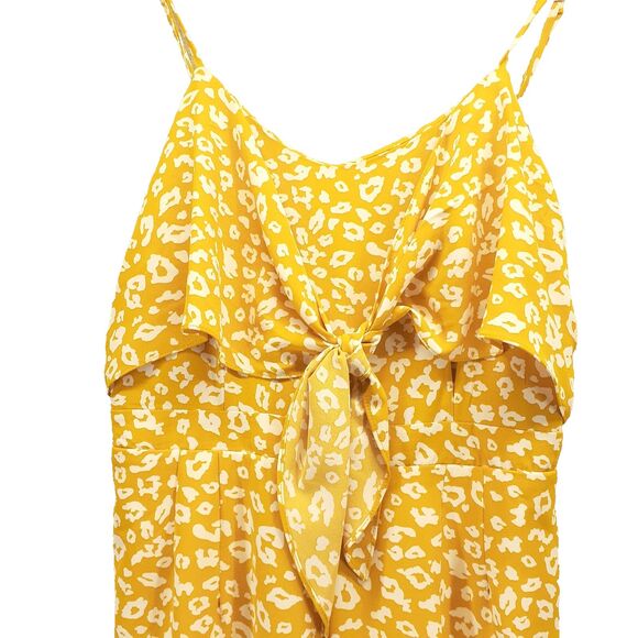 Blu Pepper Jumpsuit Mustard Yellow Print Tie Front Pockets Size L Sleeveless - Picture 6 of 11
